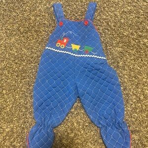 Blue Quilted Kids Overalls with Train Design